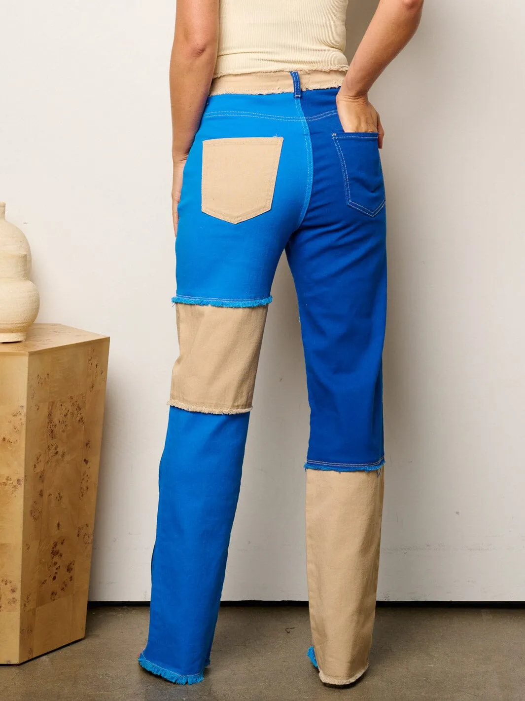 WOMEN'S BUTTON CLOSURE COLORBLOCK DENIM PANTS