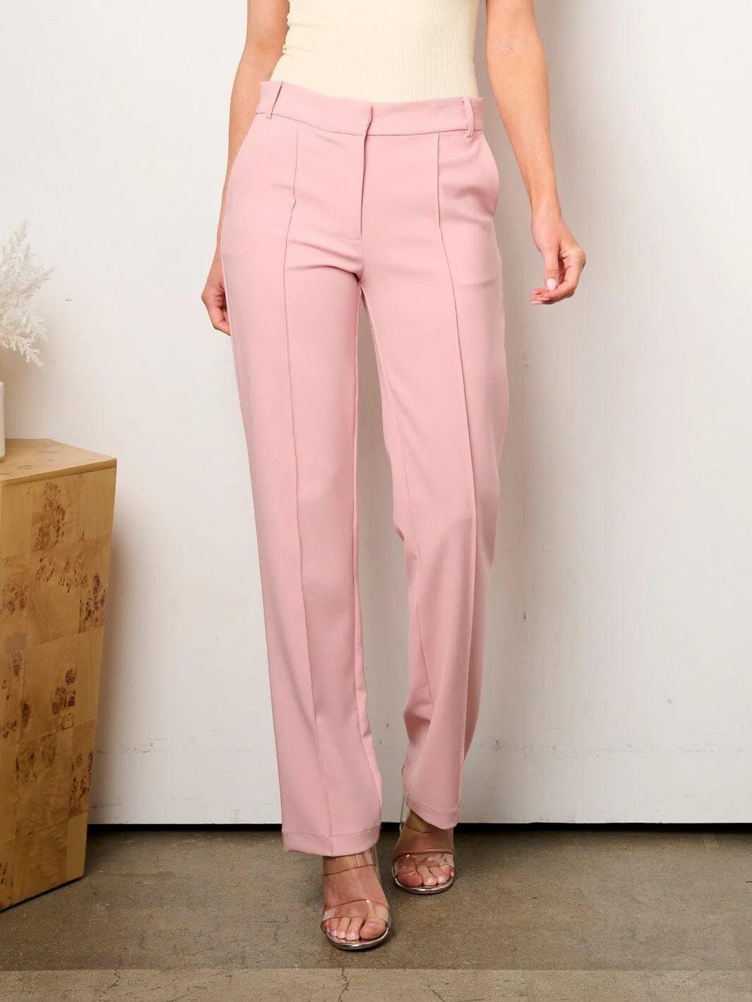 WOMEN'S BUTTON CLOSURE PLEATED WIDE LEG PANTS