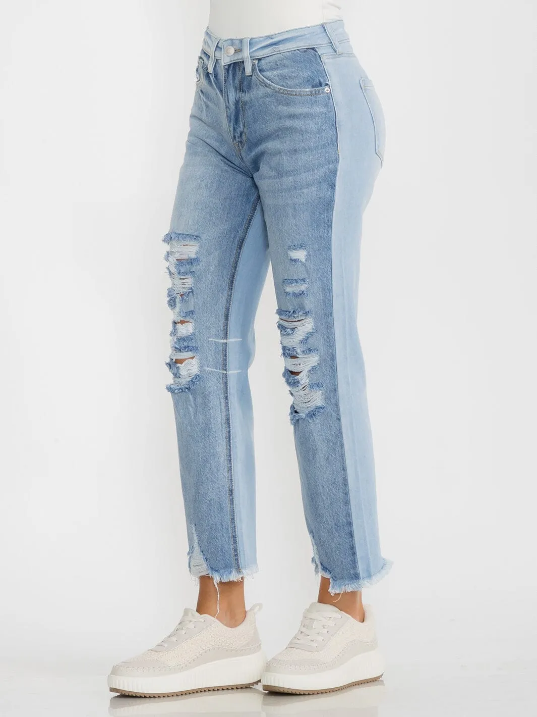 WOMEN'S BUTTON CLOSURE POCKETS WIDE LEG DISTRESS DENIM PANTS