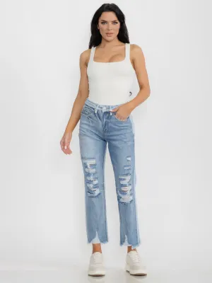 WOMEN'S BUTTON CLOSURE POCKETS WIDE LEG DISTRESS DENIM PANTS