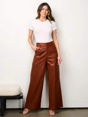 WOMEN'S BUTTON CLOSURE PU PLEATHER WIDE LEG PANTS