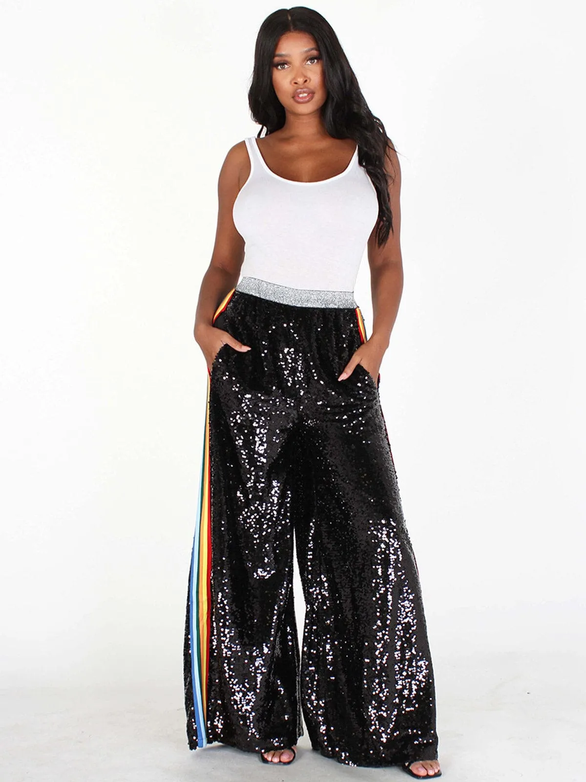 WOMEN'S ELASTIC WAIST WIDE LEG POCKETS SEQUINS PANTS