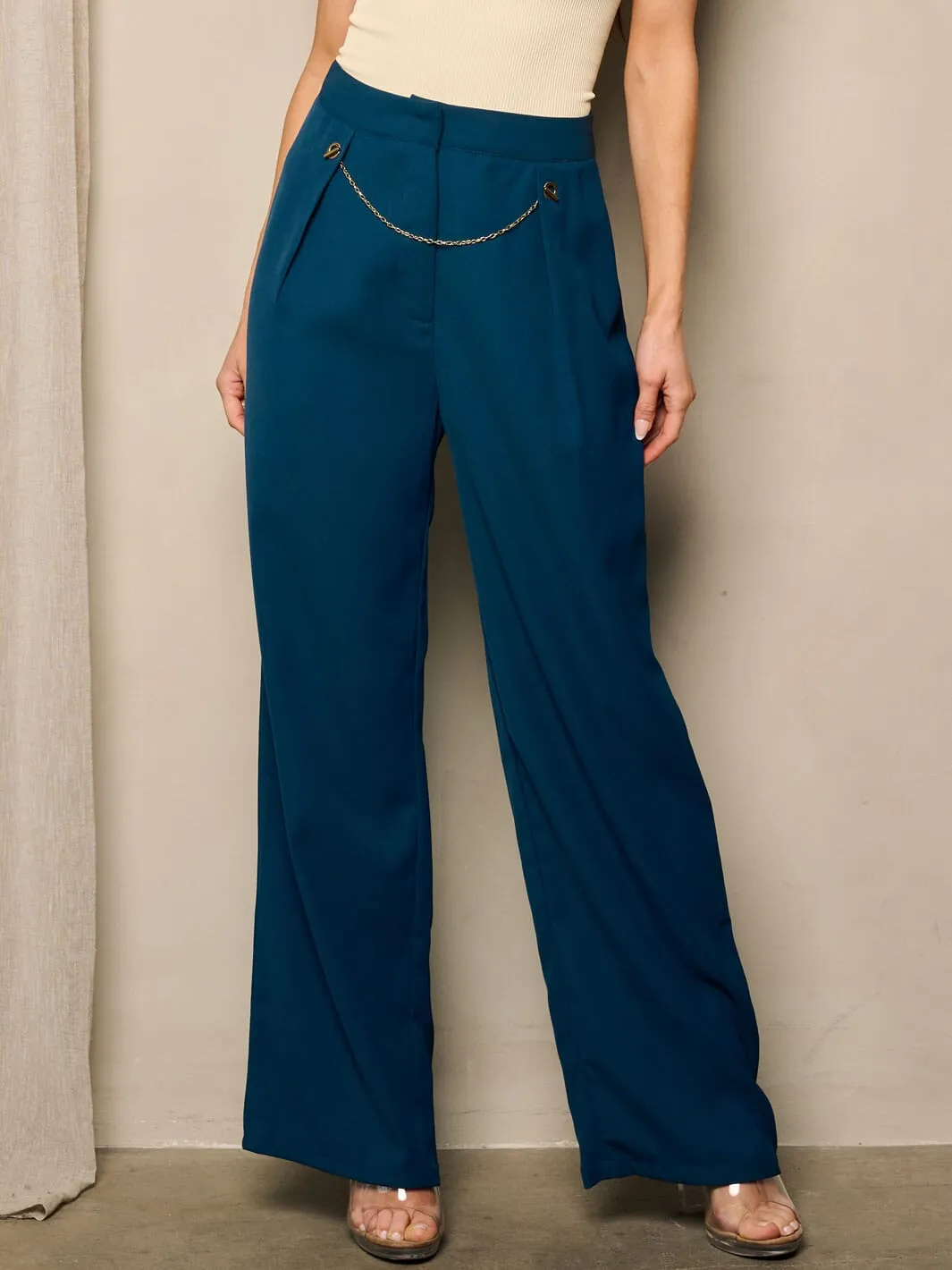 WOMEN'S HIGH WAIST BUTTON CLOSURE WIDE LEG PANTS