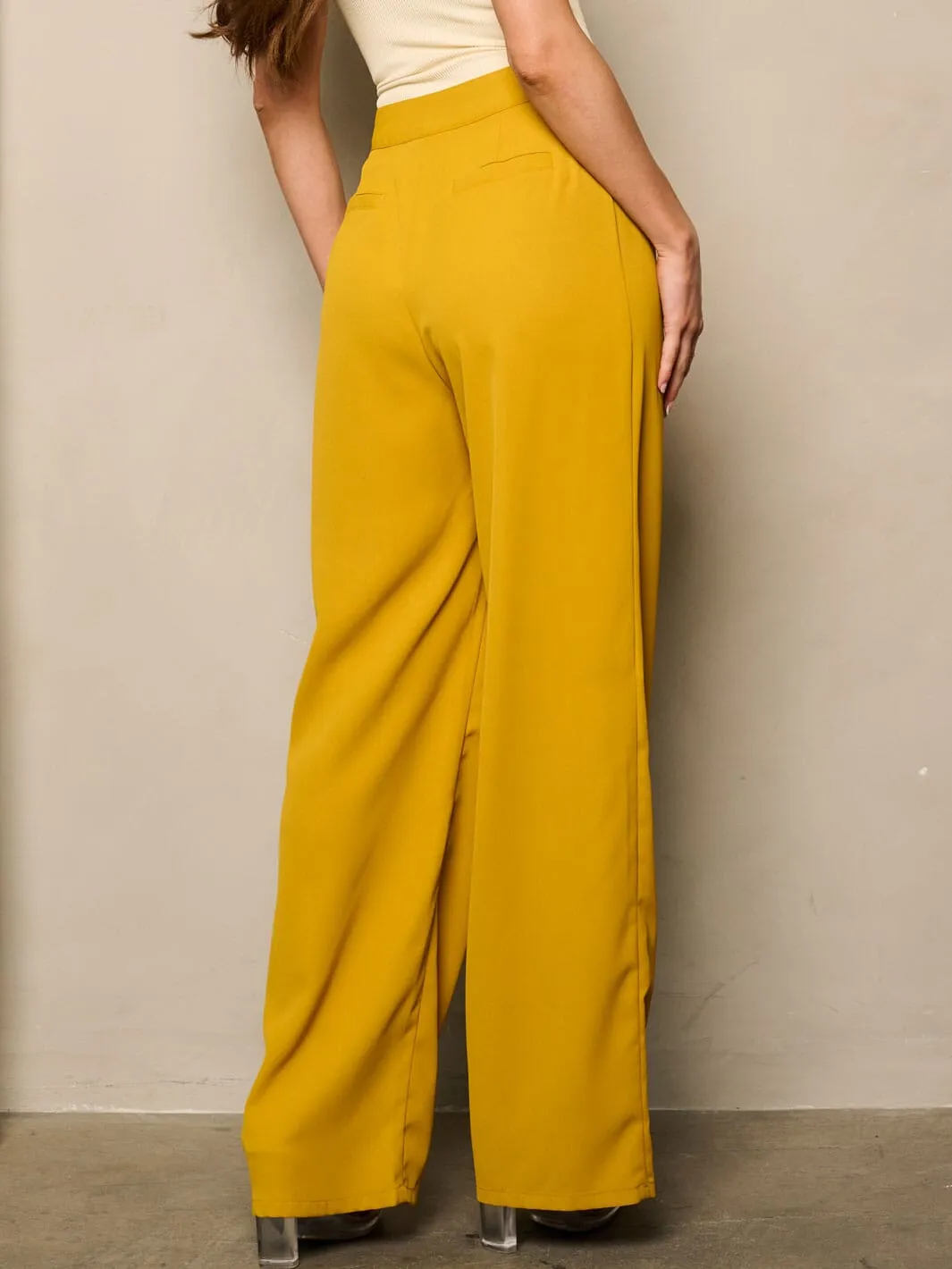 WOMEN'S HIGH WAIST BUTTON CLOSURE WIDE LEG PANTS