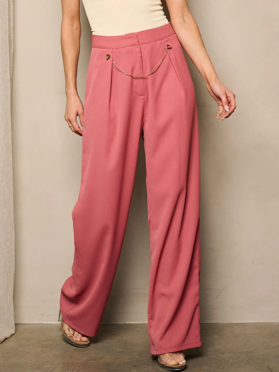 WOMEN'S HIGH WAIST BUTTON CLOSURE WIDE LEG PANTS