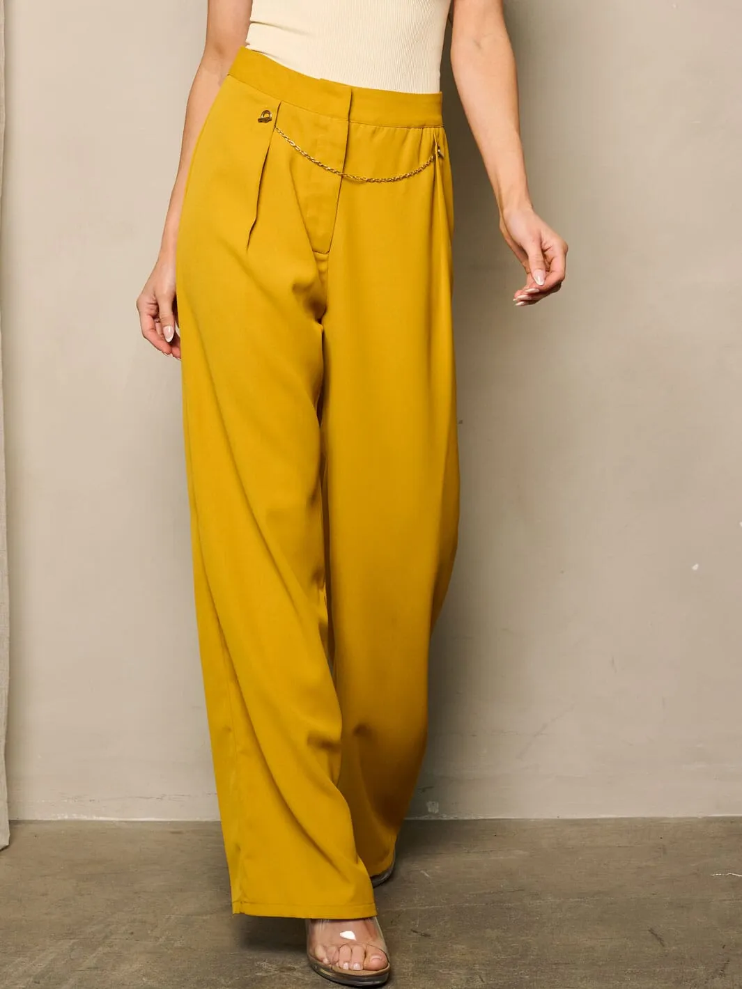 WOMEN'S HIGH WAIST BUTTON CLOSURE WIDE LEG PANTS