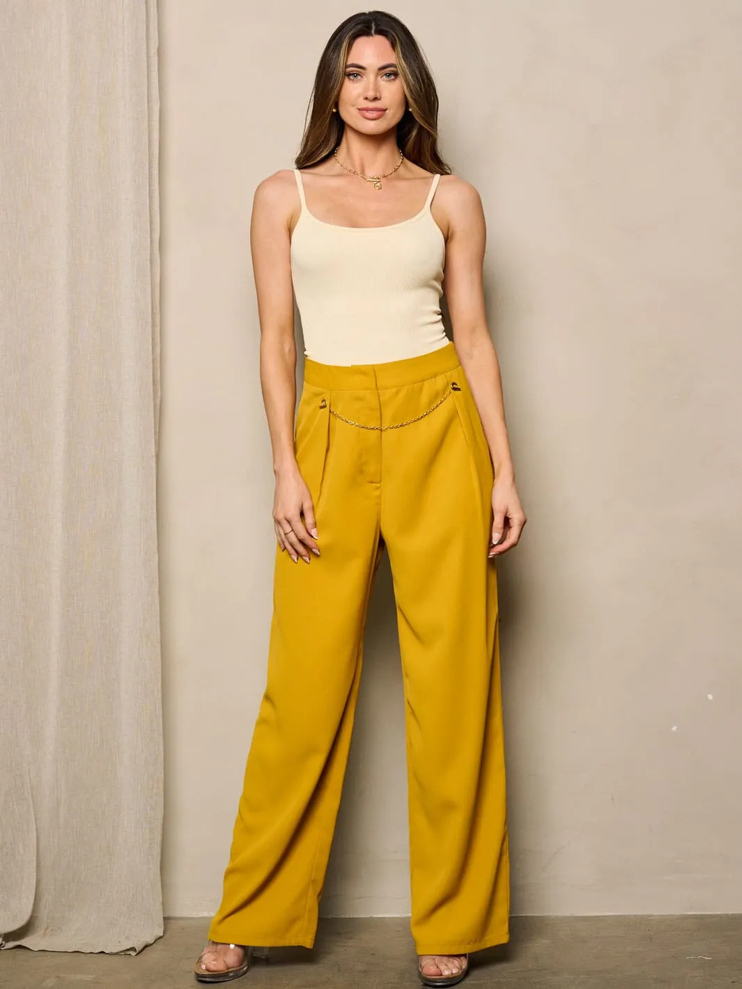 WOMEN'S HIGH WAIST BUTTON CLOSURE WIDE LEG PANTS