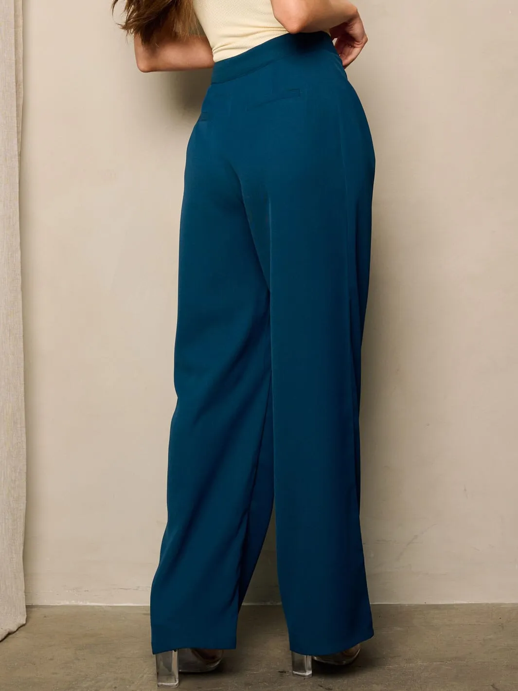 WOMEN'S HIGH WAIST BUTTON CLOSURE WIDE LEG PANTS