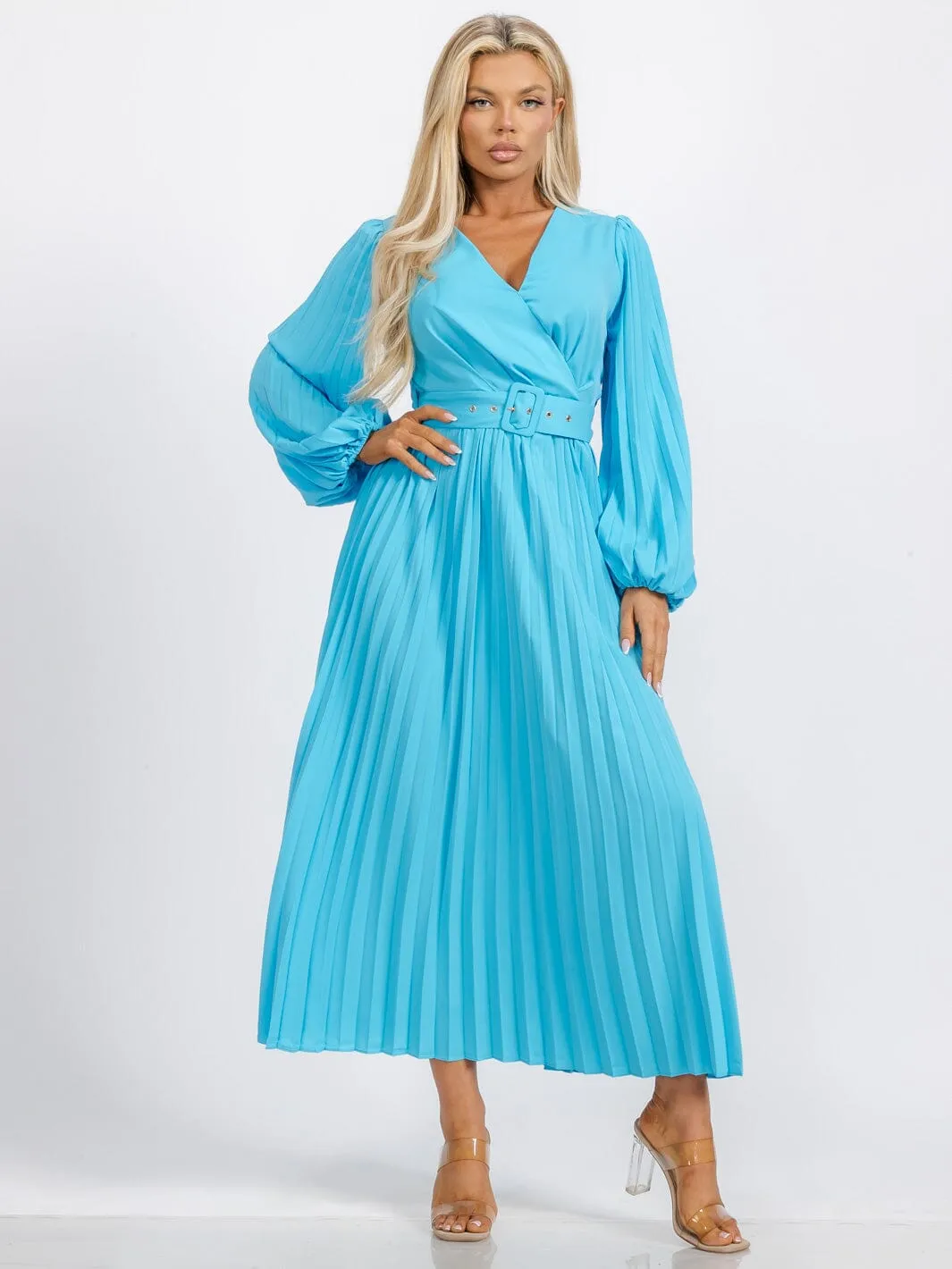 WOMEN'S LONG SLEEVE OPEN BACK SURPLICE BELTED PLEATED MAXI DRESS