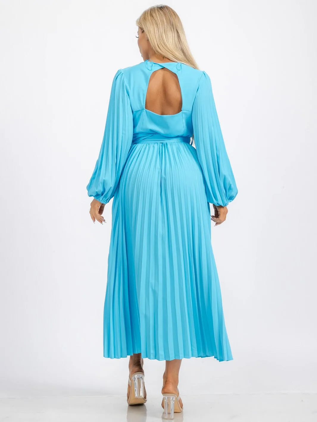 WOMEN'S LONG SLEEVE OPEN BACK SURPLICE BELTED PLEATED MAXI DRESS