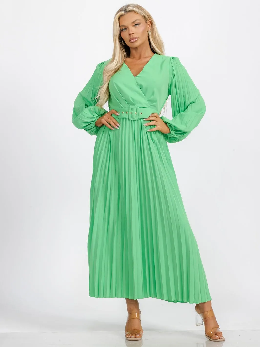 WOMEN'S LONG SLEEVE OPEN BACK SURPLICE BELTED PLEATED MAXI DRESS