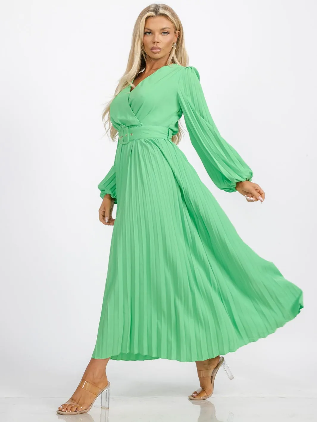 WOMEN'S LONG SLEEVE OPEN BACK SURPLICE BELTED PLEATED MAXI DRESS