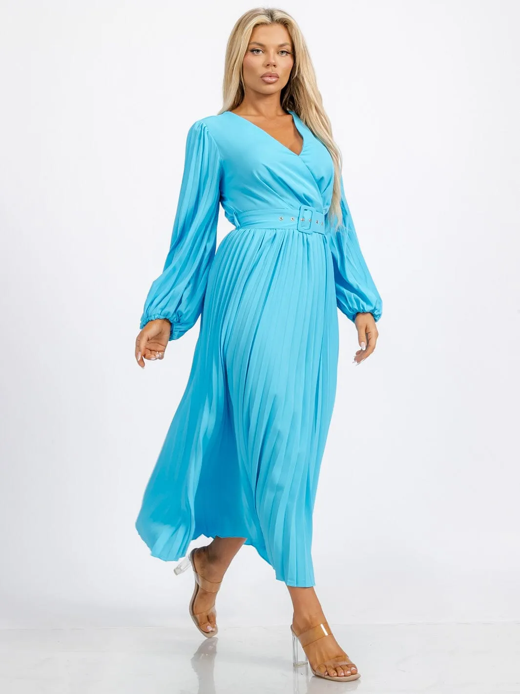 WOMEN'S LONG SLEEVE OPEN BACK SURPLICE BELTED PLEATED MAXI DRESS