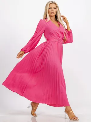 WOMEN'S LONG SLEEVE OPEN BACK SURPLICE BELTED PLEATED MAXI DRESS