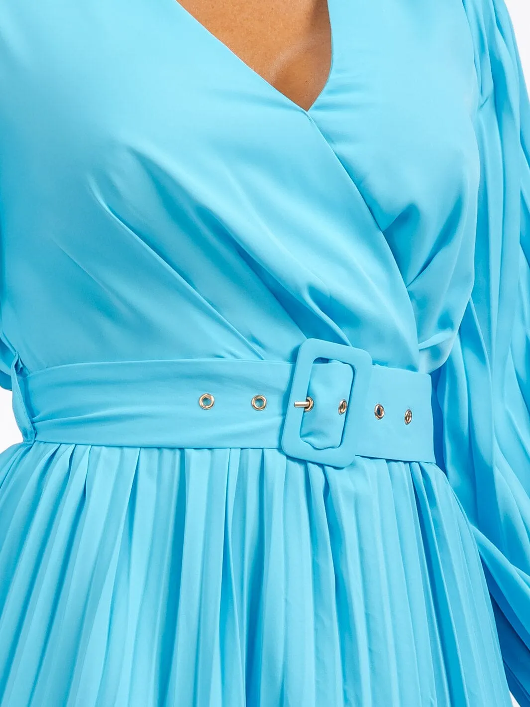 WOMEN'S LONG SLEEVE OPEN BACK SURPLICE BELTED PLEATED MAXI DRESS