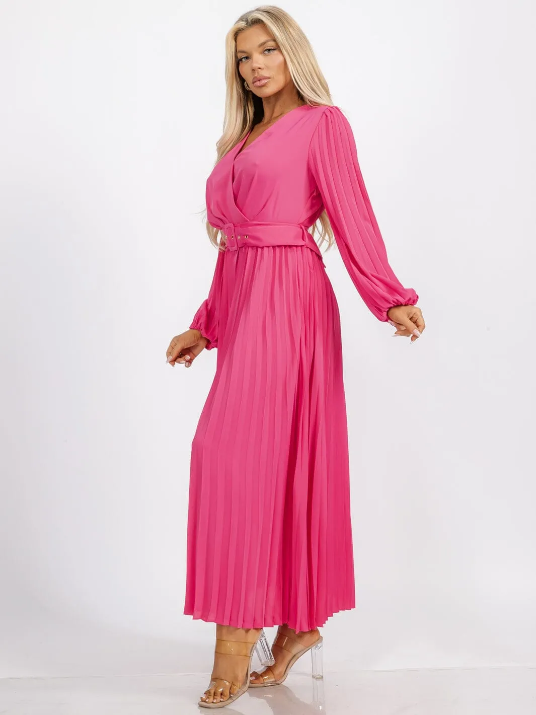 WOMEN'S LONG SLEEVE OPEN BACK SURPLICE BELTED PLEATED MAXI DRESS