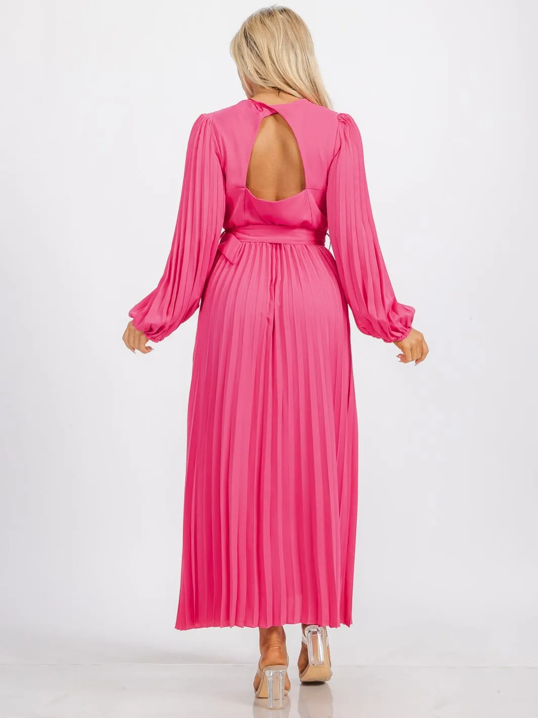 WOMEN'S LONG SLEEVE OPEN BACK SURPLICE BELTED PLEATED MAXI DRESS