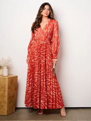 WOMEN'S LONG SLEEVE SURPLICE PLEATED BELTED PRINT MAXI DRESS