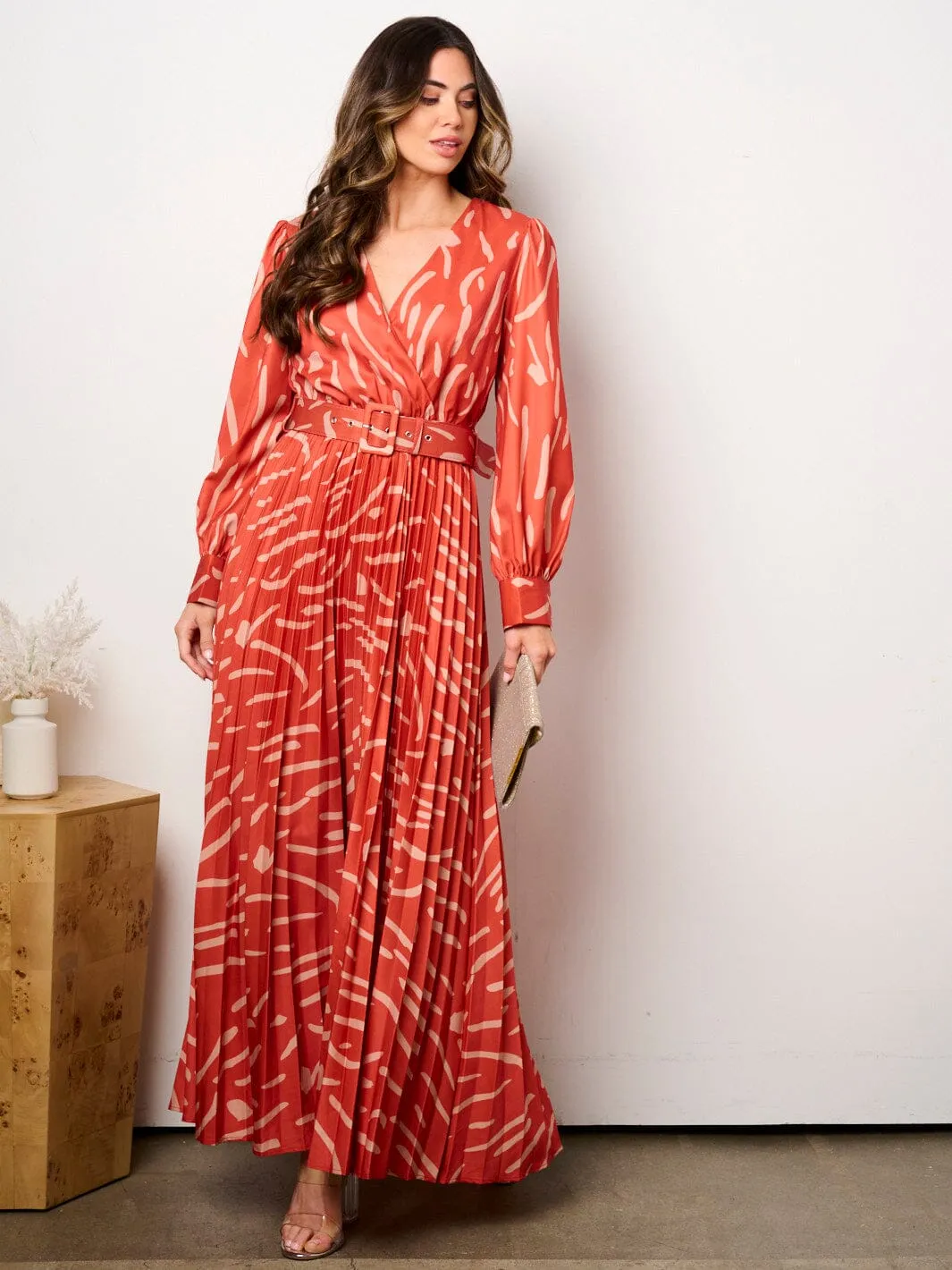 WOMEN'S LONG SLEEVE SURPLICE PLEATED BELTED PRINT MAXI DRESS