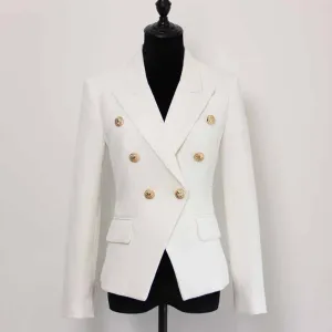 Women's Luxury Fitted Blazer Golden Lion Buttons Coat White Color