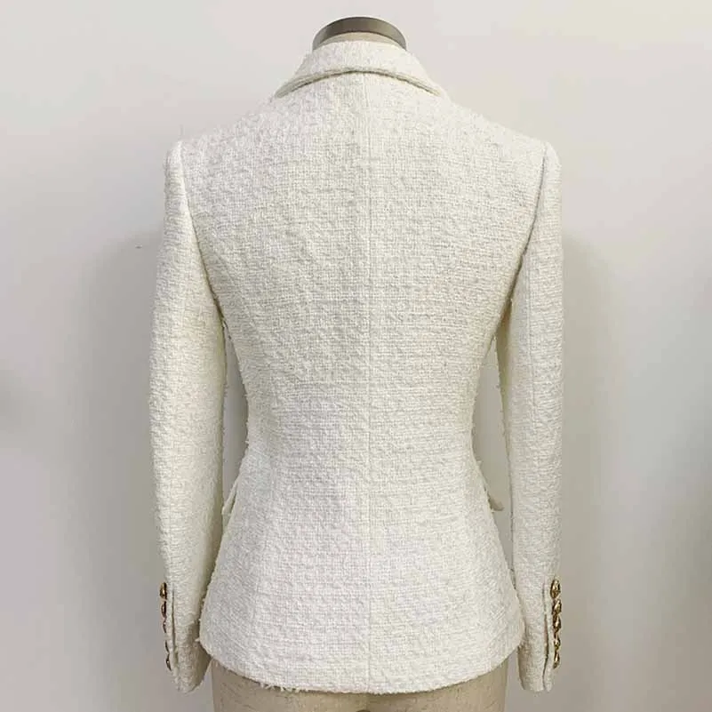 Women's Luxury Fitted Tweed Blazer Golden Lion Buttons White