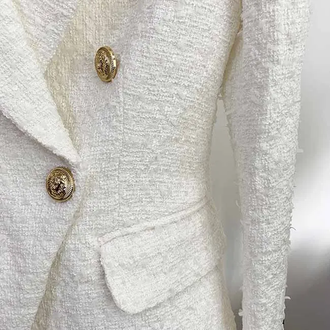 Women's Luxury Fitted Tweed Blazer Golden Lion Buttons White