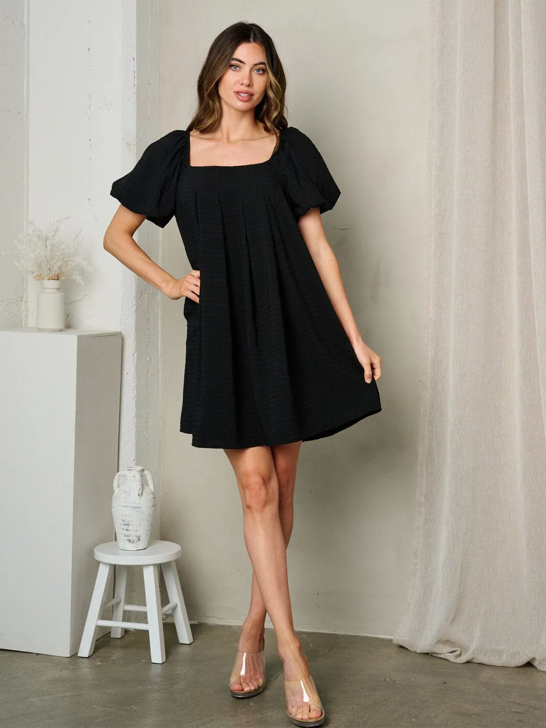 WOMEN'S SHORT PUFF SLEEVE PLEATED POCKETS MINI DRESS