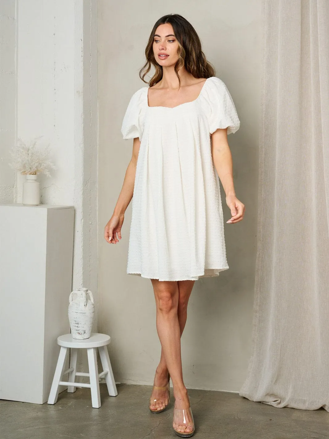 WOMEN'S SHORT PUFF SLEEVE PLEATED POCKETS MINI DRESS
