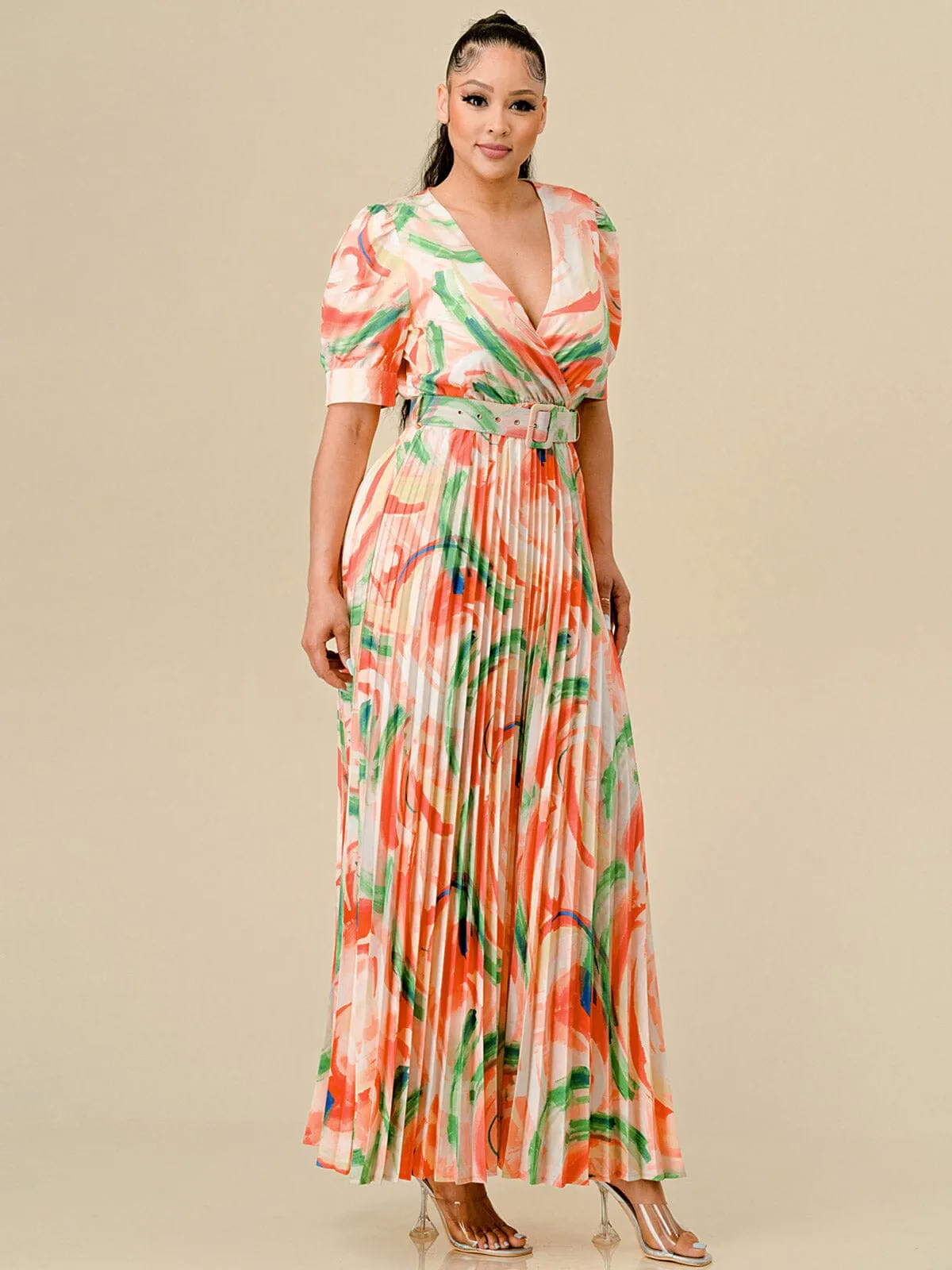 WOMEN'S SHORT SLEEVES SURPLICE PLEATED MULTI PRINT BELT MAXI DRESS