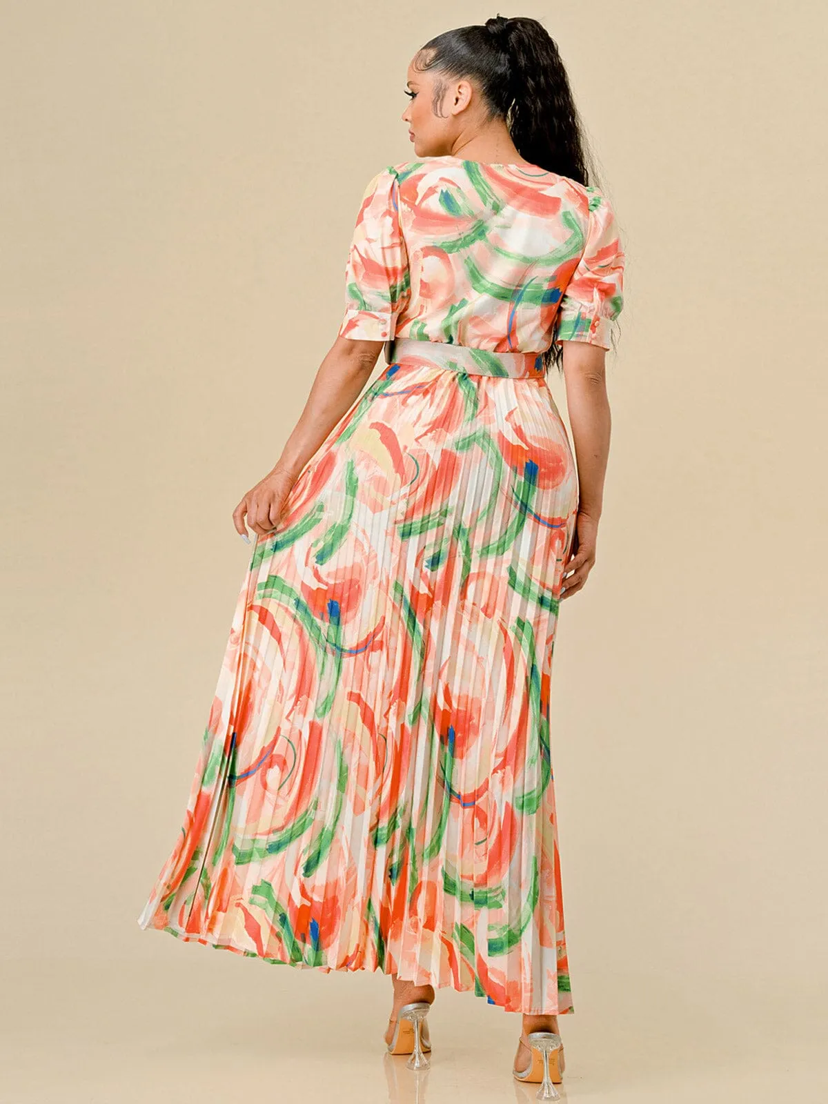 WOMEN'S SHORT SLEEVES SURPLICE PLEATED MULTI PRINT BELT MAXI DRESS