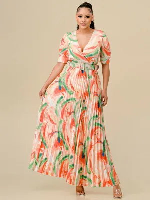 WOMEN'S SHORT SLEEVES SURPLICE PLEATED MULTI PRINT BELT MAXI DRESS