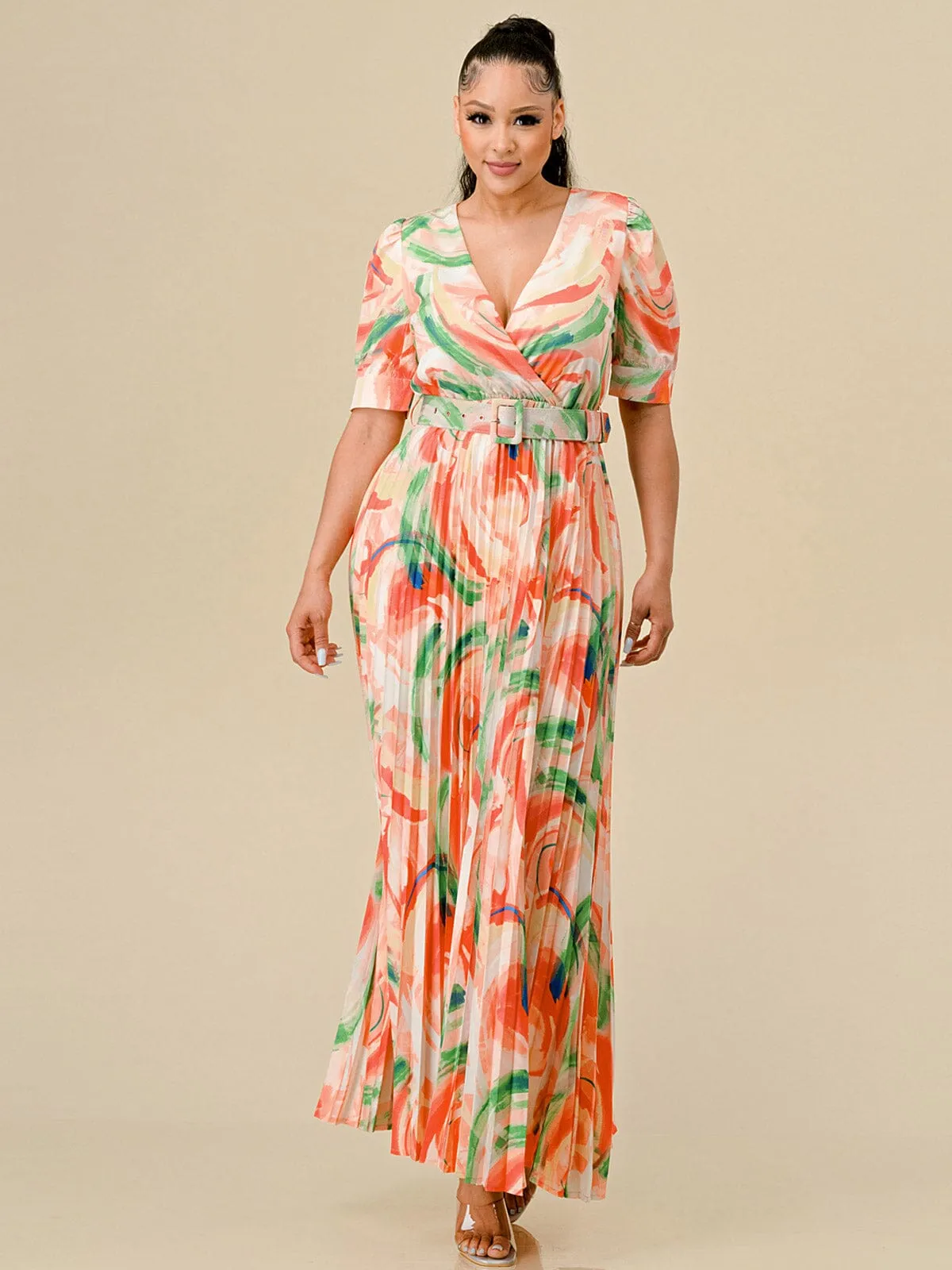 WOMEN'S SHORT SLEEVES SURPLICE PLEATED MULTI PRINT BELT MAXI DRESS