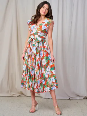 WOMEN'S SLEEVELESS V-NECK RUFFLE SELF TIE FLORAL MIDI DRESS