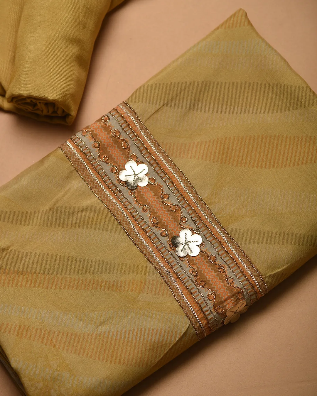 Yellow Muslin Printed With Embroidery Unstitched Suit Fabric Set With Muslin Embroidered Dupatta