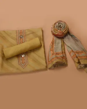 Yellow Muslin Printed With Embroidery Unstitched Suit Fabric Set With Muslin Embroidered Dupatta