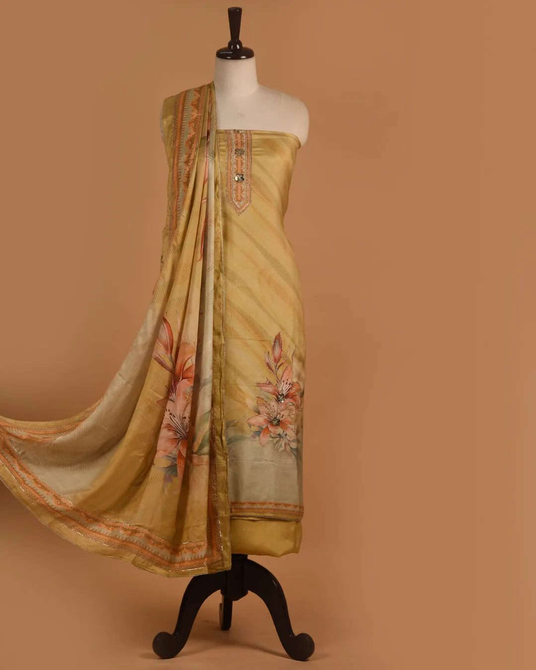 Yellow Muslin Printed With Embroidery Unstitched Suit Fabric Set With Muslin Embroidered Dupatta