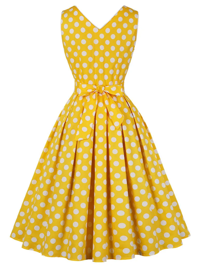 Yellow Polka Dots V Neck 1950S Vintage Belle Style Swing Dress