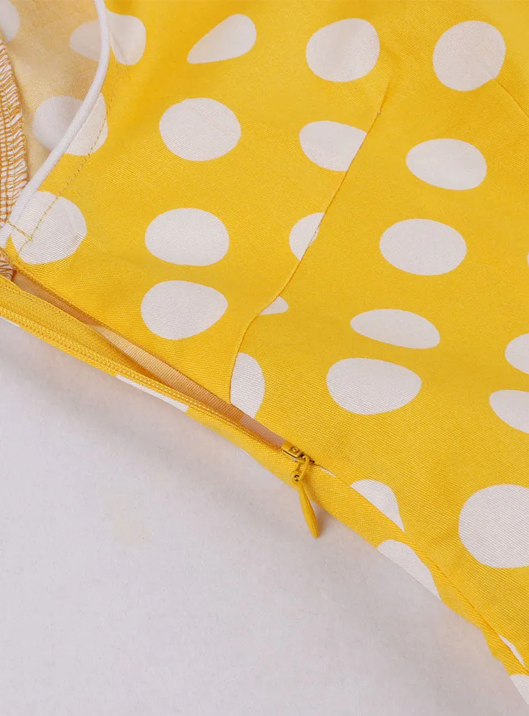Yellow Polka Dots V Neck 1950S Vintage Belle Style Swing Dress