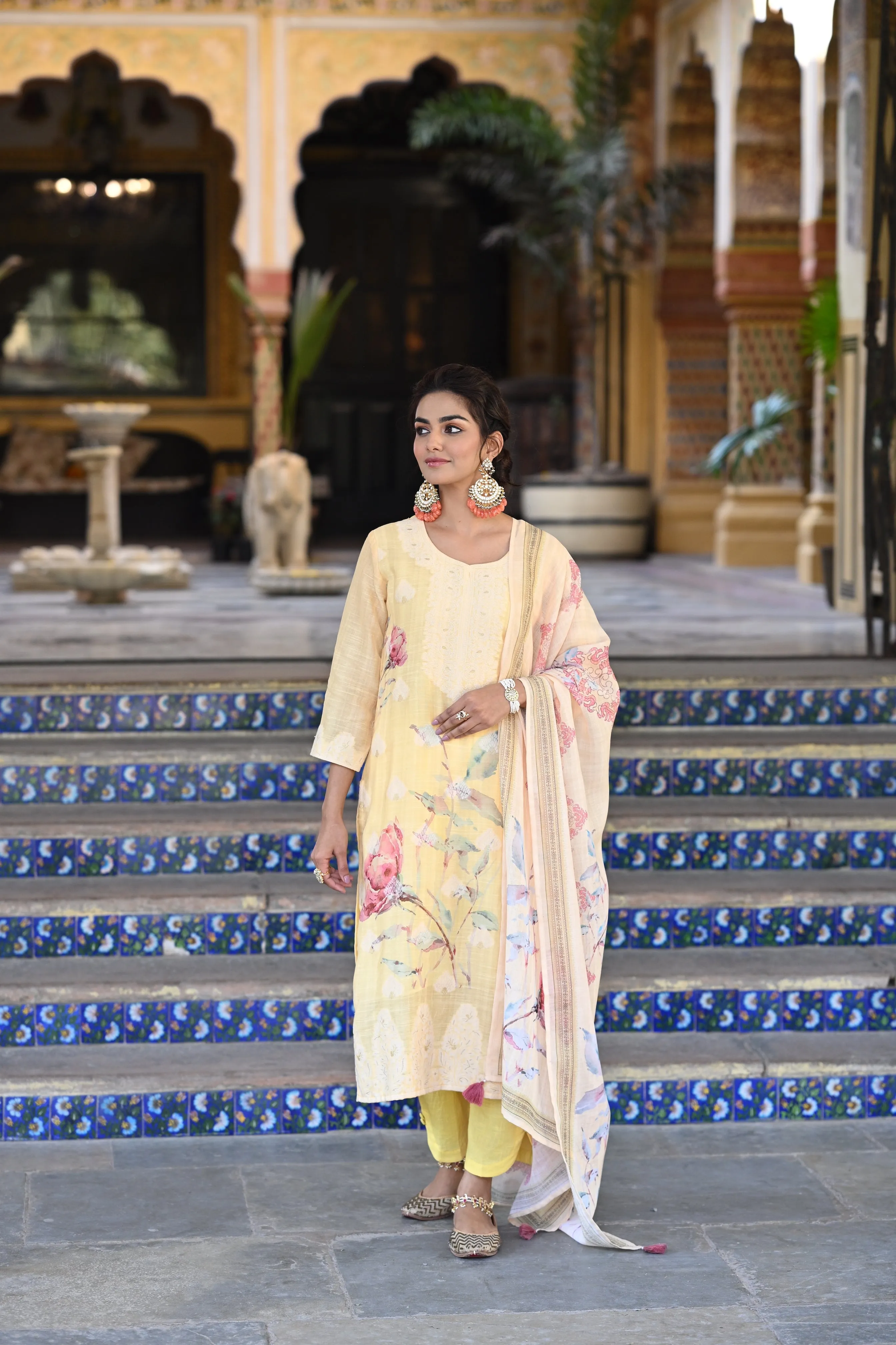 Yellow Pure Linen Jacquard Floral Print Suit Set