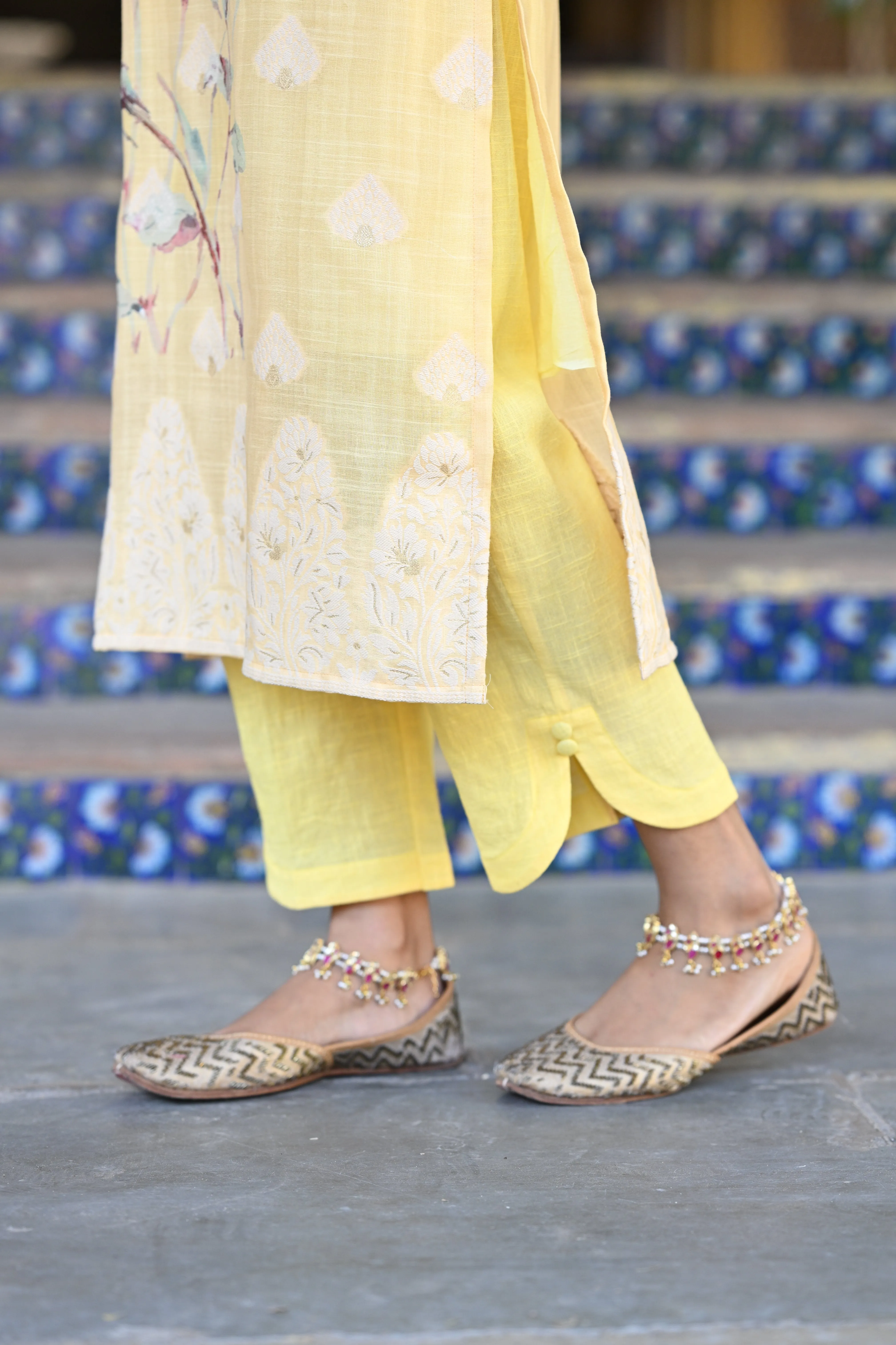 Yellow Pure Linen Jacquard Floral Print Suit Set