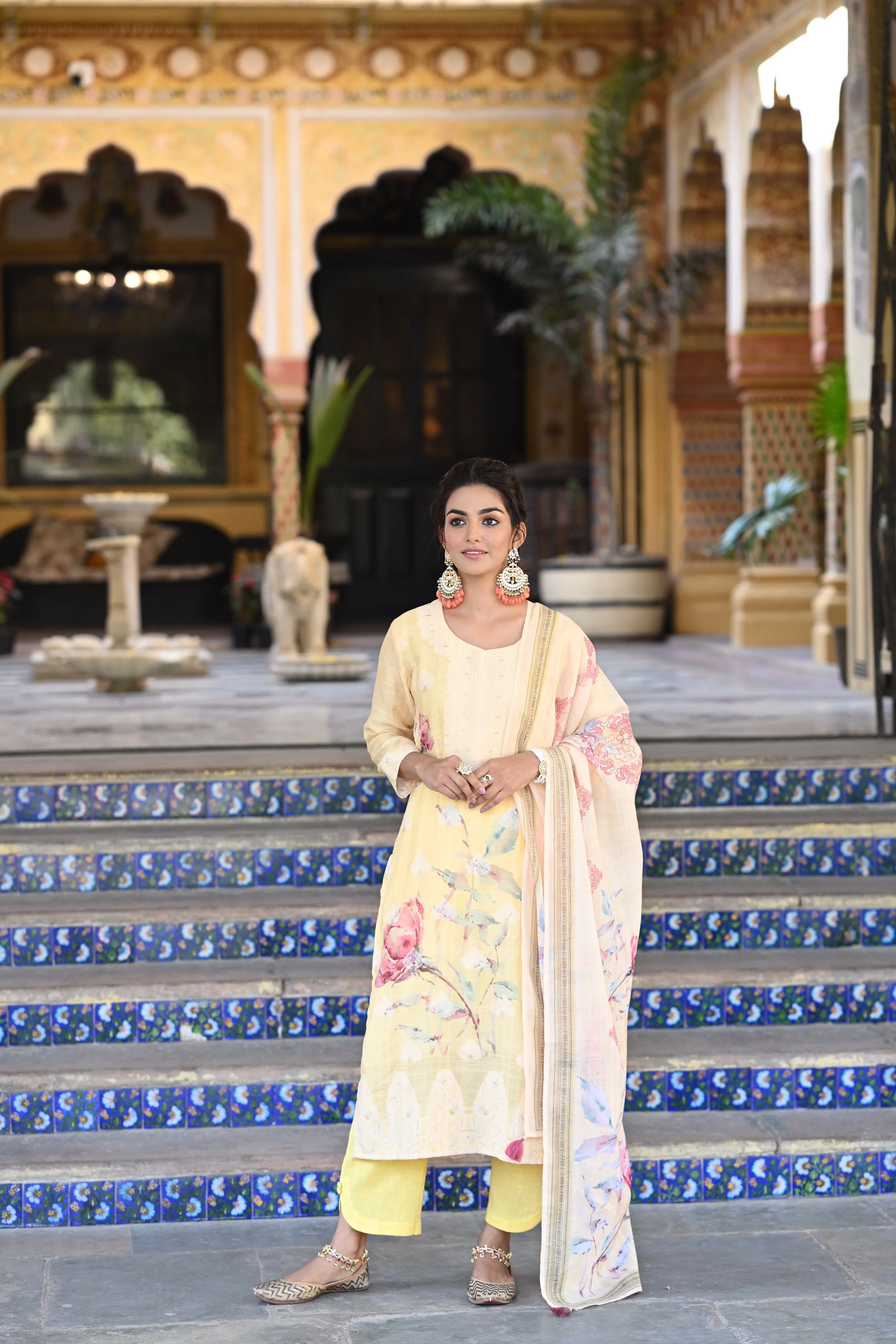 Yellow Pure Linen Jacquard Floral Print Suit Set