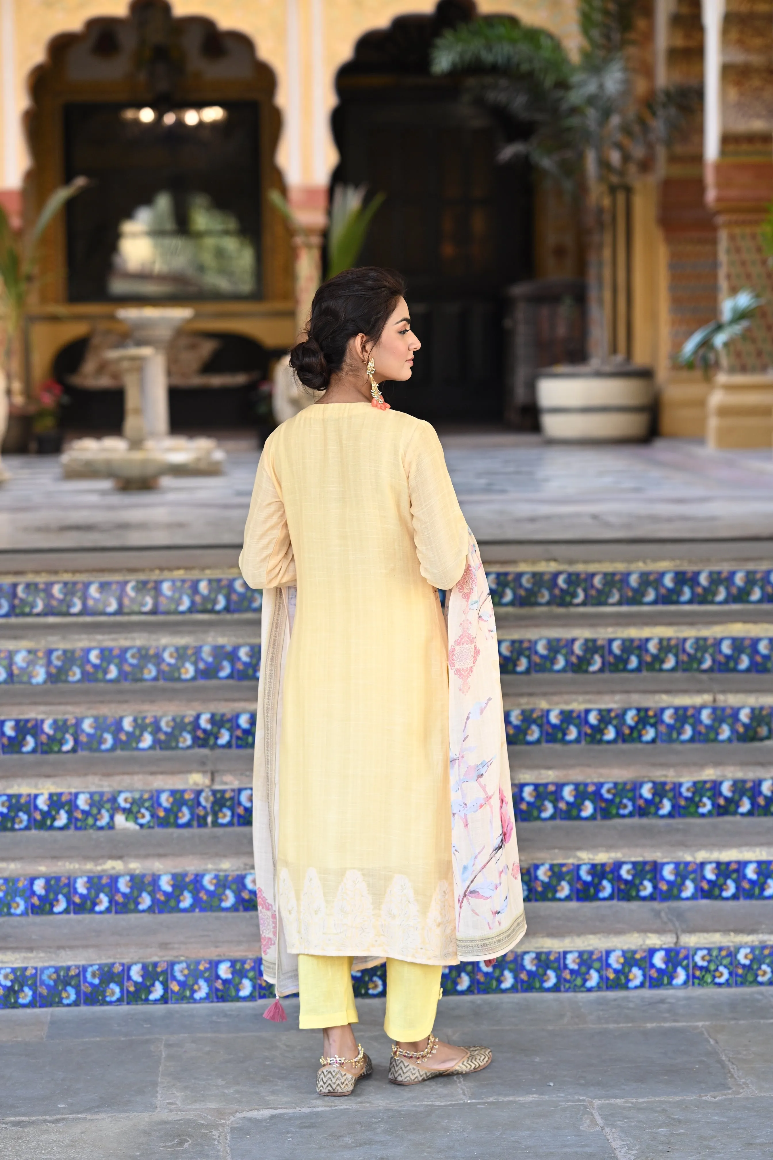 Yellow Pure Linen Jacquard Floral Print Suit Set