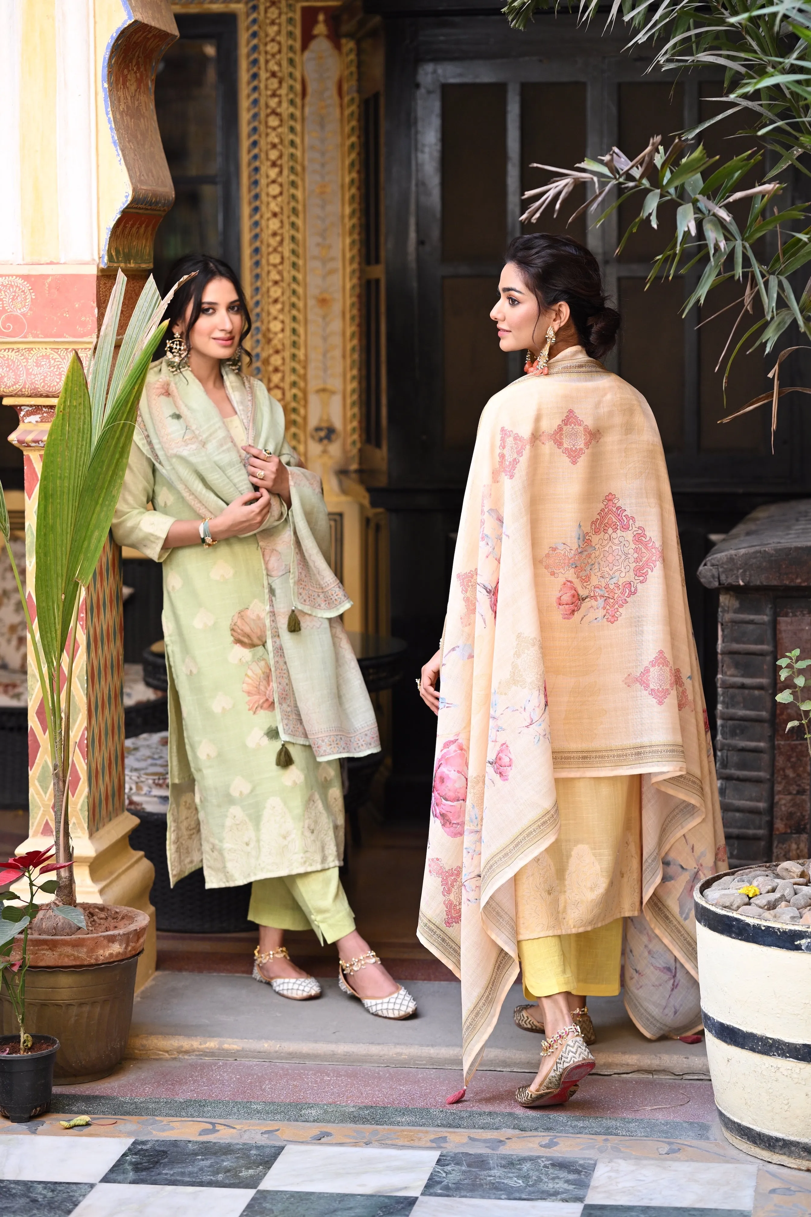 Yellow Pure Linen Jacquard Floral Print Suit Set