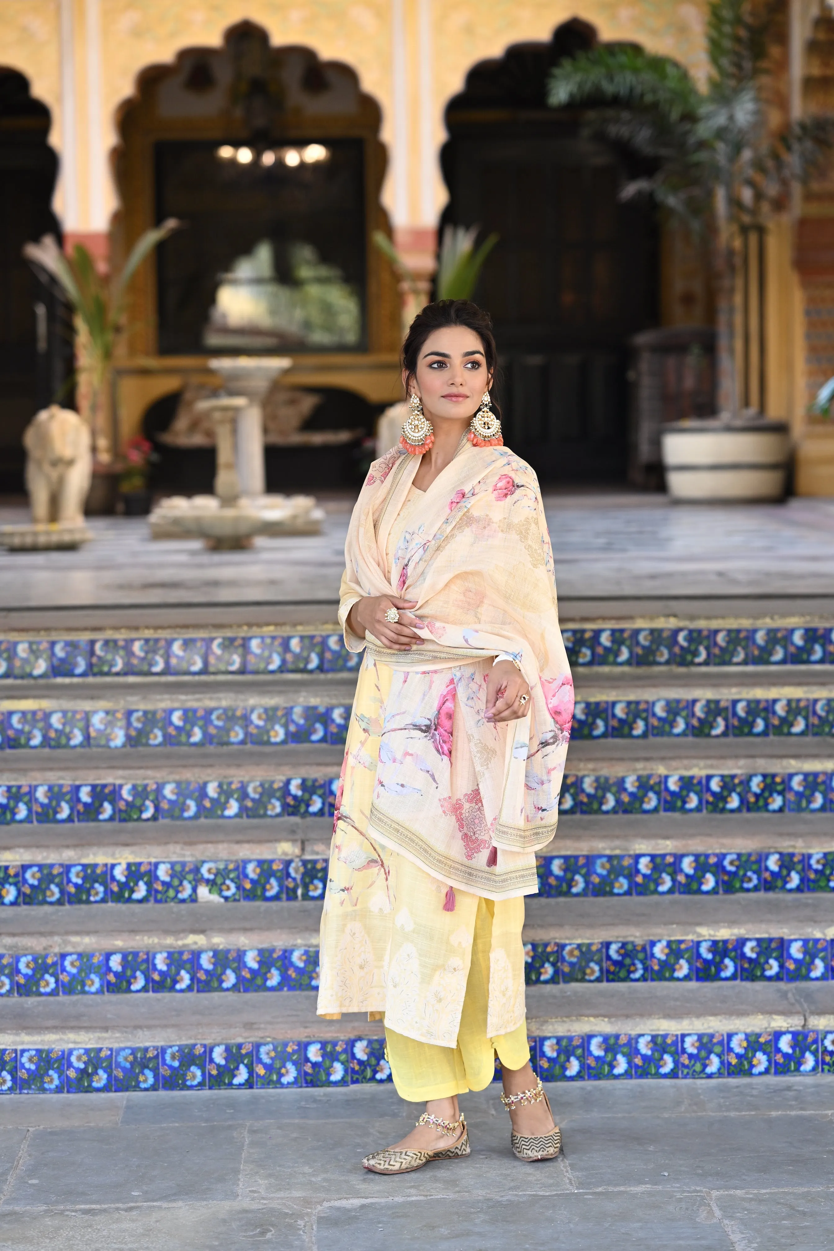 Yellow Pure Linen Jacquard Floral Print Suit Set