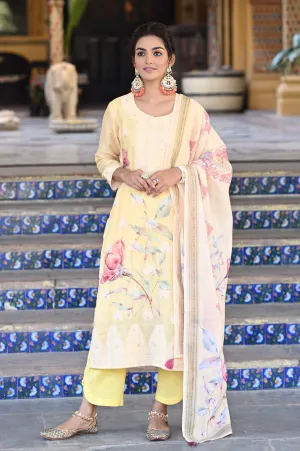 Yellow Pure Linen Jacquard Floral Print Suit Set