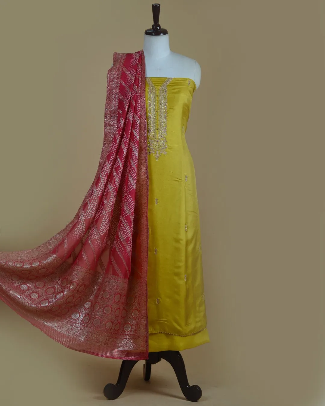 Yellow Silk Viscose Blend Embroidered Unstitched Suit Fabric Set With Organza Woven With Printed Dupatta