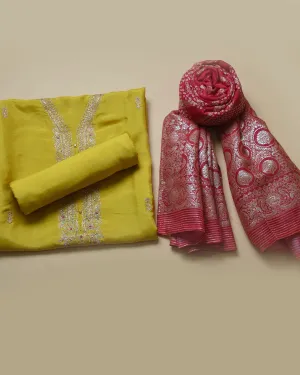 Yellow Silk Viscose Blend Embroidered Unstitched Suit Fabric Set With Organza Woven With Printed Dupatta