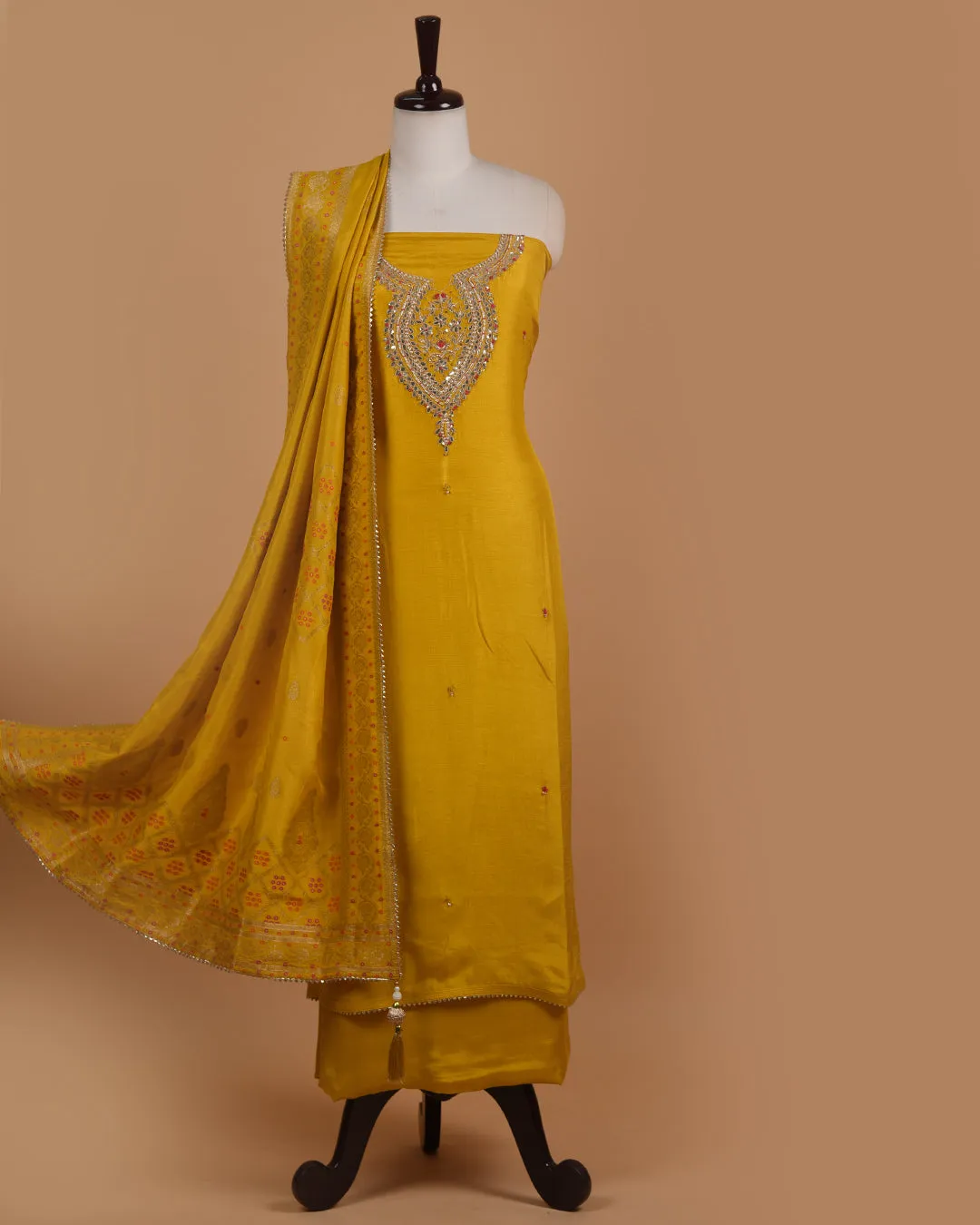 Yellow Silk Viscose Blend Embroidered Unstitched Suit Fabric Set With Silk Viscose Woven Dupatta