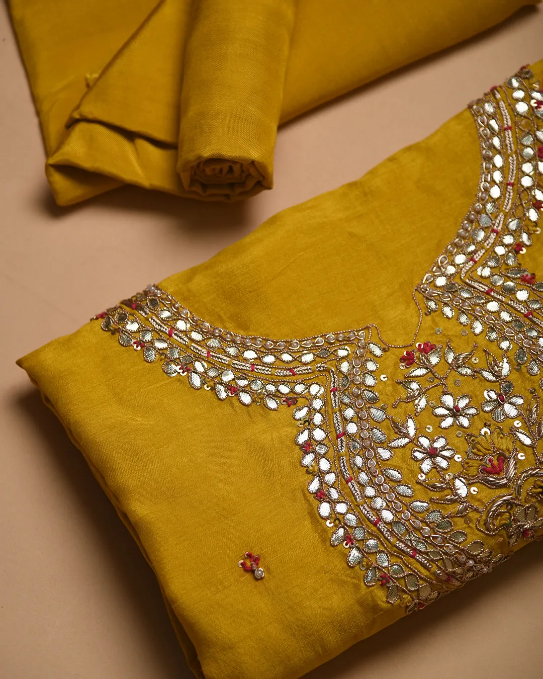Yellow Silk Viscose Blend Embroidered Unstitched Suit Fabric Set With Silk Viscose Woven Dupatta