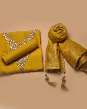 Yellow Silk Viscose Blend Embroidered Unstitched Suit Fabric Set With Silk Viscose Woven Dupatta
